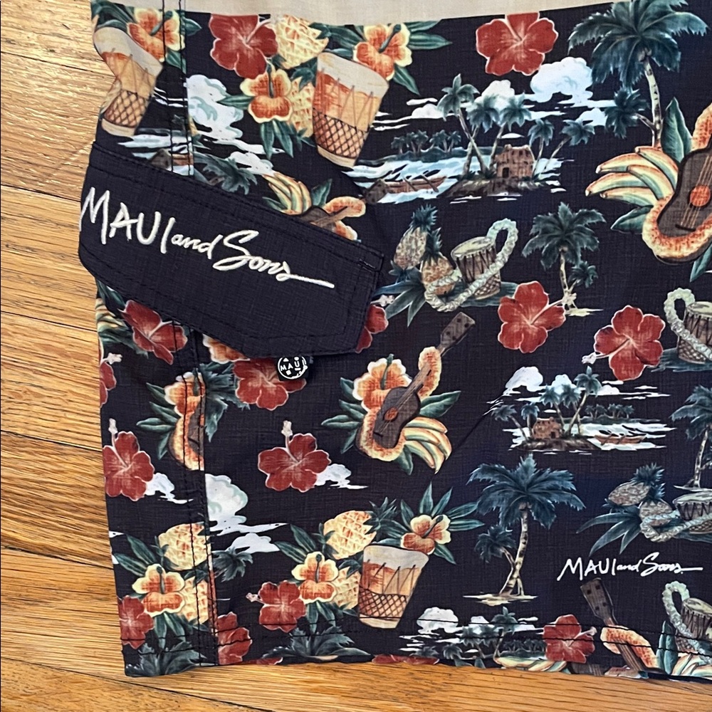 MAUI AND SONS Y2K Retro Black Tropical Print Men's Summer Holiday Swim Trunks - Picture 6 of 15